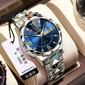 BINBOND Diamond Cut Mens Watch - Silver Golden Blue