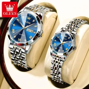 Olevs 9931 Premium Qality Couple Watches - Silver Golden Blue